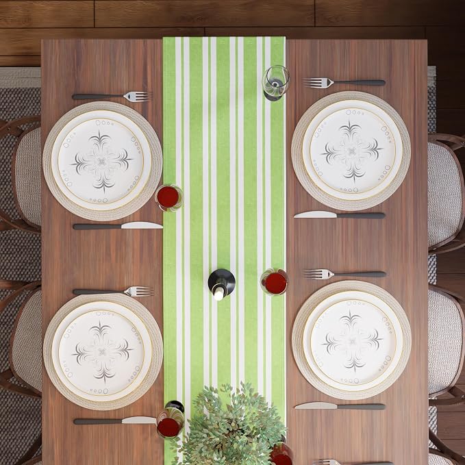 Encasa XO Cotton Dining Table Runner | Franca Lime Stripes | Size 13x72 in - Machine Washable & Durable
