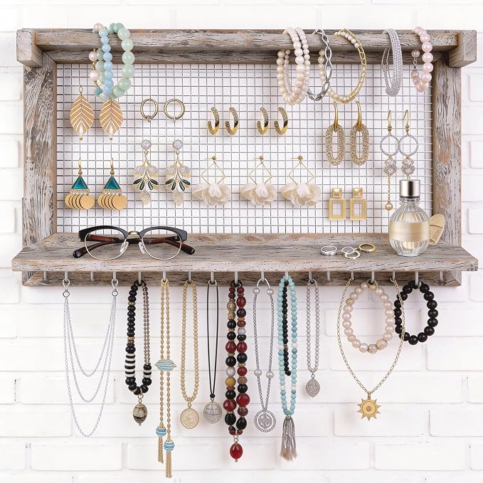 Jerry & Maggie Wall Mounted Jewelry Organizer, Wooden Necklace Holder Hanger with Hooks, Wall Jewelry Organizer Wall Mount for Necklace Display (1 Pack)