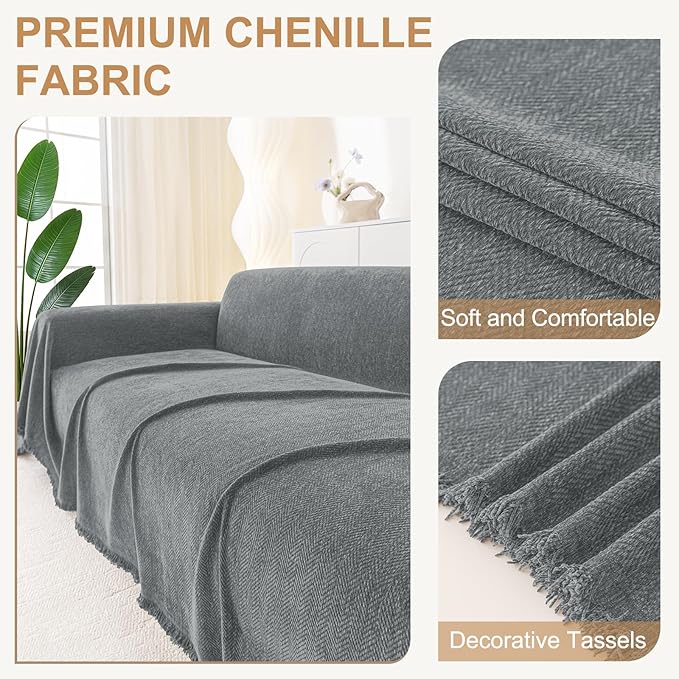 Smiry Couch Cover for Dogs, Washable Chenille Sofa Covers for 3 Cushion Couch, Soft Sofa Slipcover for Pets, Thick Sectional Furniture Protector with Tassels (Grey, 71x134 Inch)
