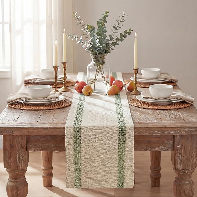 Artoid Mode Sage Green Stripe Woven Table Runner, Seasonal Holiday Hollow Kitchen Dining Table Decoration for Home Party Decor 12x108 Inch