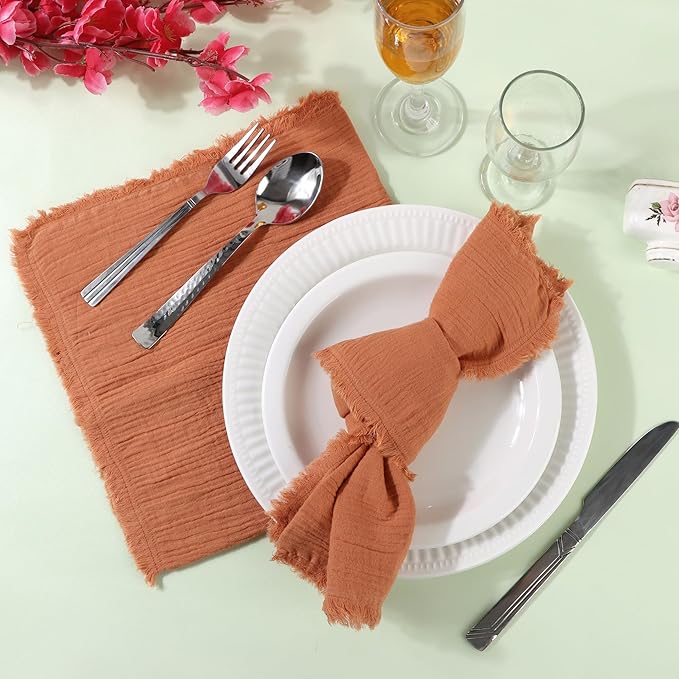 FINGERCRAFT Cloth Napkins Natural Cotton Cheesecloth Set of 12 Premium Fringe Design Dinner Napkin Soft Durable Ideal for Dining Room, Restaurant, Weddings Events Washable Good Absorbency Rust