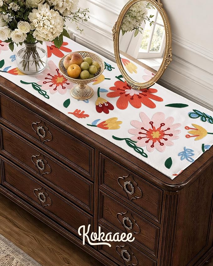Canvas Embroidered Table Runner - 13"x 36" Short Coffee Table Runner for Living Room Tablerunner for Dining Room Washable Kitchen Island Counter Decor Housewarming Gift, Colorful Flower