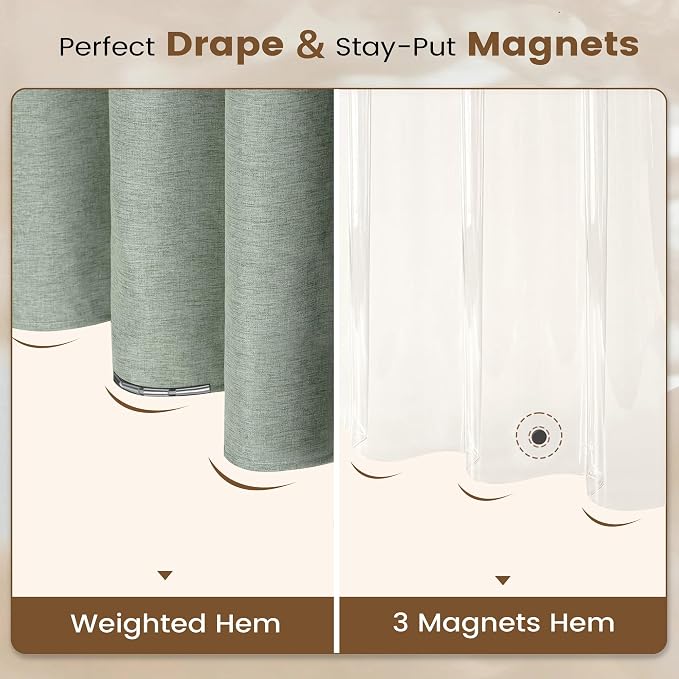 BTTN 3 in 1 Shower Curtain Set - 78 Inch Long Linen Textured Cloth Shower Curtain Liner with Plastic Hooks and 3 Magnets, Tall Modern Luxury Waterproof Shower Curtain for Bathroom, Sage Green, 72x78