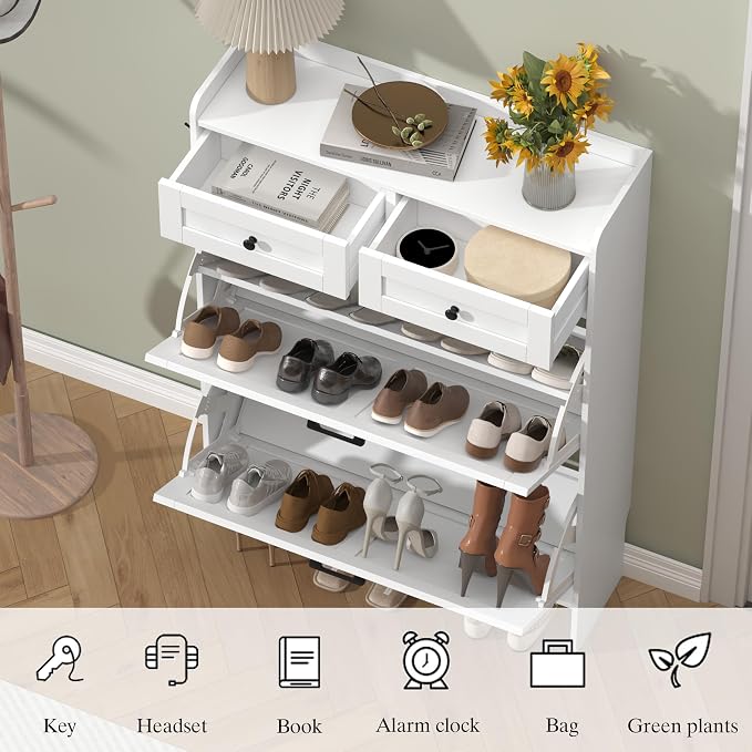 Thacuok Shoe Cabinet with 2 Flip Drawers & 2 Storage Drawers, Rustic Farmhouse Narrow Shoe Organizer Cabinet, Slim Shoe Rack Cabinet, Shoe Storage Cabinet for Entryway, Hallway