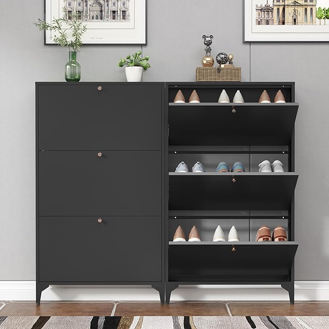 Shoe Cabinet with 3 Flip Drawers, Narrow Shoe Storage Cabinet, Farmhouse Shoe Organizer, Freestanding Organizer with Metal Legs for Entryway, Foyer (3 Door, Black)