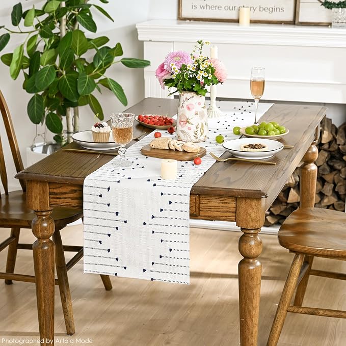 Artoid Mode Dark Blue Boho Table Runner for Farmhouse Rustic，Seasonal Holiday Macrame Burlap Kitchen Dining Table Decoration for Home Party Decor 12x72 Inch