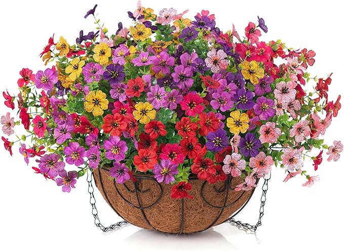 HyeFlora Artificial Fake Hanging Plants Flowers with Basket Outdoor Decor Faux Silk Dasiy Flower Arrangements in Pot Planter for Porch Home Indoor Patio Garden Yard Decoration