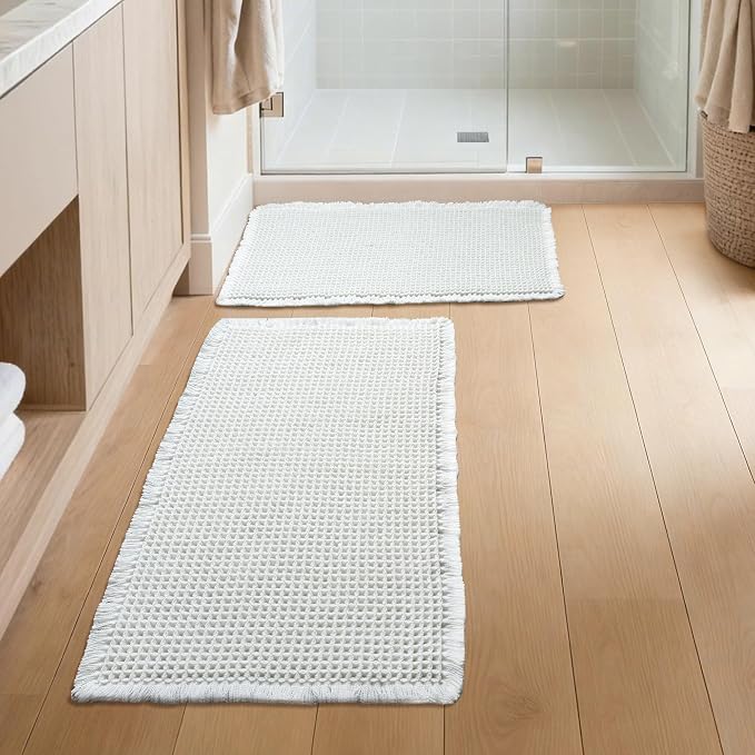 Bathroom Rugs Sets 2 Piece - Waffle Bath Mat Non Slip, Washable Bathroom Mats Absorbent Soft Boho Decor, Quick Dry Shower Mats, 2 Pack 18x30 Inch, White
