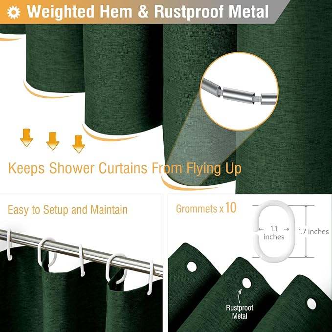 BTTN Stall Fabric Shower Curtain, 54x78 Inch Long Linen Textured Heavy Duty Thick Shower Curtain Set with 10 Plastic Hooks, Hotel Weighted Waterproof Neutral Bath Curtains for Bathroom, Emerald Green