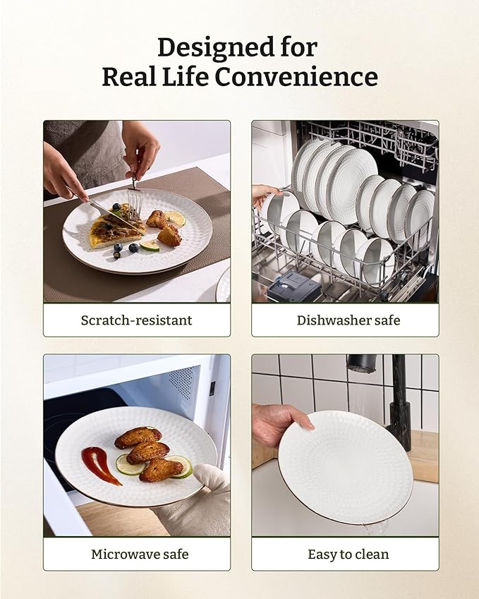 Famiware Eden Embossed Plates and Bowls Sets, Stoneware Dinnerware with Gold Trim, 12-Piece Luxury Dishes for 4, Everyday & Formal Use, Chip/Scratch Resistant, Microwave/Dishwasher Safe, White Circle