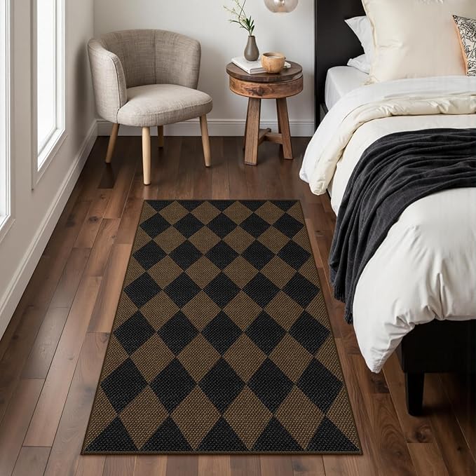 Rugalia Easy Jute Checkered Entryway Rug, 2.6x4 Coffee Modern Indoor Outdoor Doormat Non-Slip Washable Kitchen Rug, Neutral Farmhouse Diamond Throw Rugs for Entrance Bedroom Porch Patio