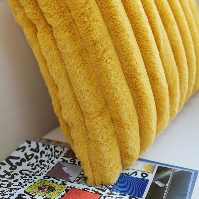 JOJUSIS Pack of 2 Faux Fur Plush Decorative Throw Pillow Covers Couch Cushion Case Soft Pillowcases (Mustard Yellow, 22 x 22-Inch)