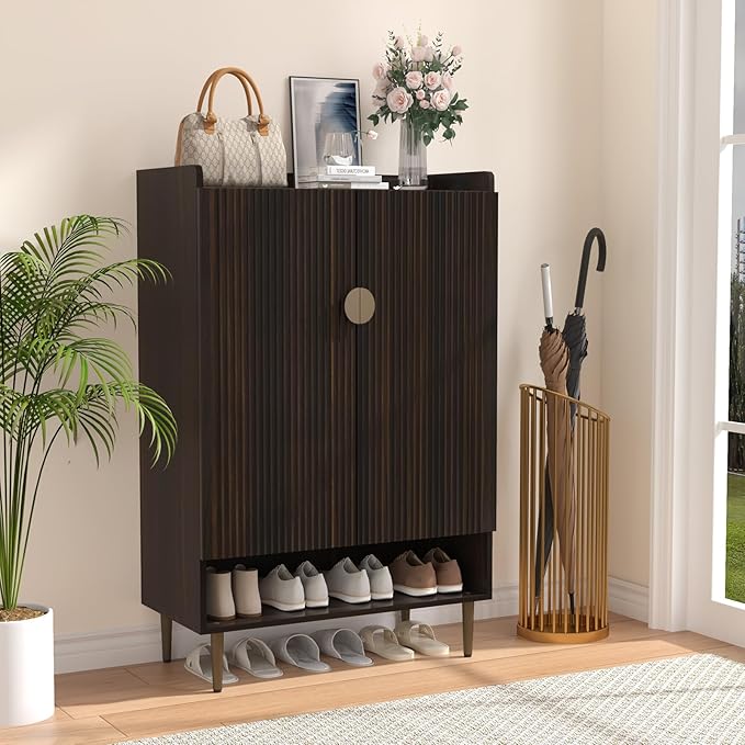 HLR Shoe Cabinet Storage for Entryway, 6-Tiers Modern Shoes Cabinet with Fluted Doors, Wood Shoes Rack with Adjustable Shelves, Shoe Organizer for Front Door Entrance, Living Room, Brown