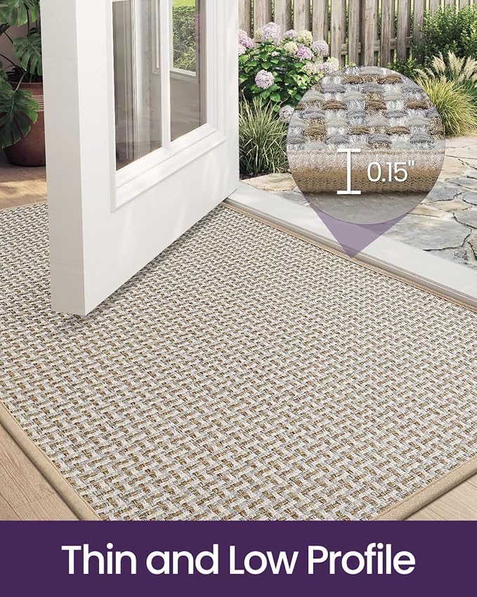 DEXI Ultra Thin Door Mat Indoor Entrance 32x48, Non Slip Rubber Backed Entryway Mats Dirt Trapper, Low Profile Front Doormat for Inside Entry, Patio, Porch, Beige and White