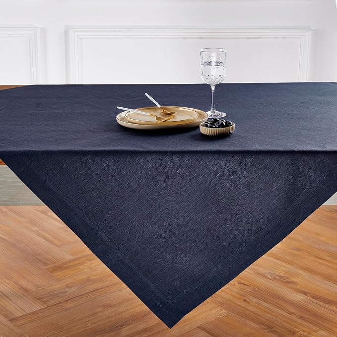 Solino Home Linen Square Tablecloth 52 x 52 Inch - 100% Pure Linen Chambray Navy Table Throw - Athena, Machine Washable Tablecloth for Summer, 4th of July