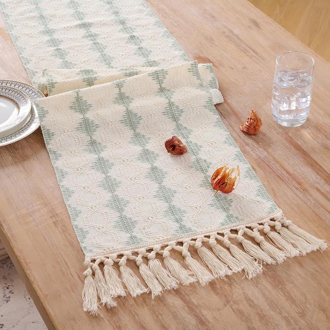 Fancy Homi Sage Green Boho Cotton Polyester Table Runner 90 Inches Long, Farmhouse Macrame Table Runners with Tassels for Home Party Bohemian Rustic Bridal Shower Kitchen Dining Decor 12x90 Inches