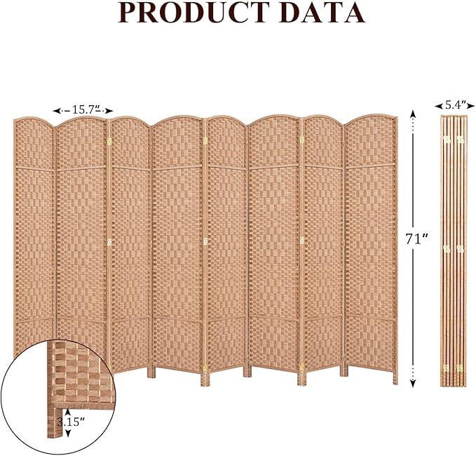 HALLYBEE Room Divider, Room Dividers and Folding Privacy Screens, 16in Privacy Screen, 8 Panel Temporary Wall Partitions, 6ft Space Separation Panel Screen, Natural