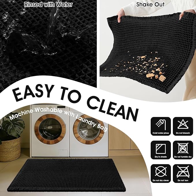 Upgraded Waffle Bath Mat Set 3 Piece Black & White, Super Absorbent Non-Slip Quick Dry Bathroom Rugs with Tassels, Machine Washable Ultra Soft Boho Bath Rugs for Floor,Toilet Mats Boho Farmhouse Decor