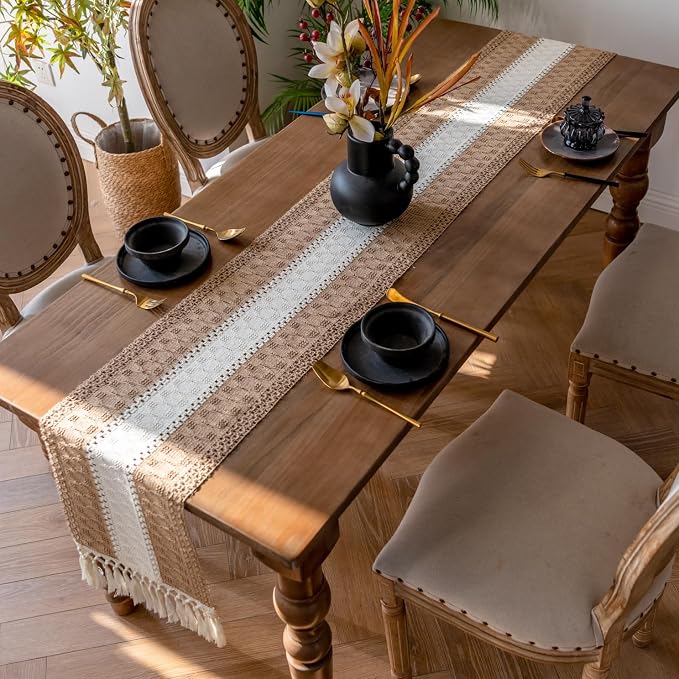EMMTEEY Boho Table Runner with Tassels- Scratch & Heat Resistant, 94 Inches Long Table Runner Cotton Linen Macrame Handmade for Dining Table/Wedding Décor (12"X94", Brown White)