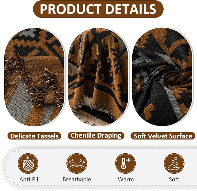 VClife Boho Couch Cover, Aztec Sofa Cover for Dog, Non Slip Washable Couch Covers for 3 Cushion Couch Sofa, Reversible Triangle Geometric Futon Cover Furniture Protector (Black-Pumpkin, 71" x 134")