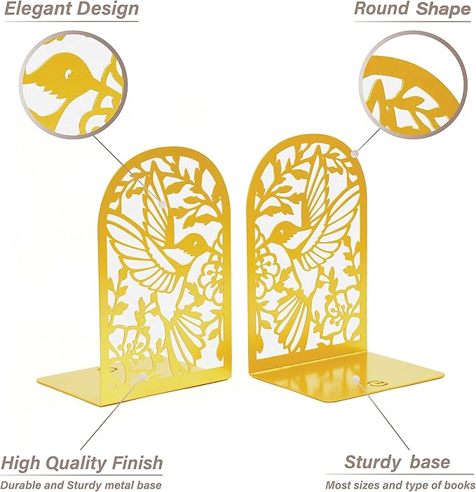 CNK Premium Metal Bookends for Home Office - Heavy Book Stoppers, Decorative Book Shelves (Hummingbird Gold)