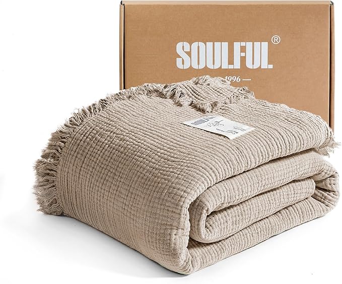 SOULFUL Muslin Throw Blanket with Tassels - Soft King Size Cotton Throw Blanket for Couch or Bed, Lightweight and Breathable Gauze for All Seasons, Light Tan, 108" x 90"