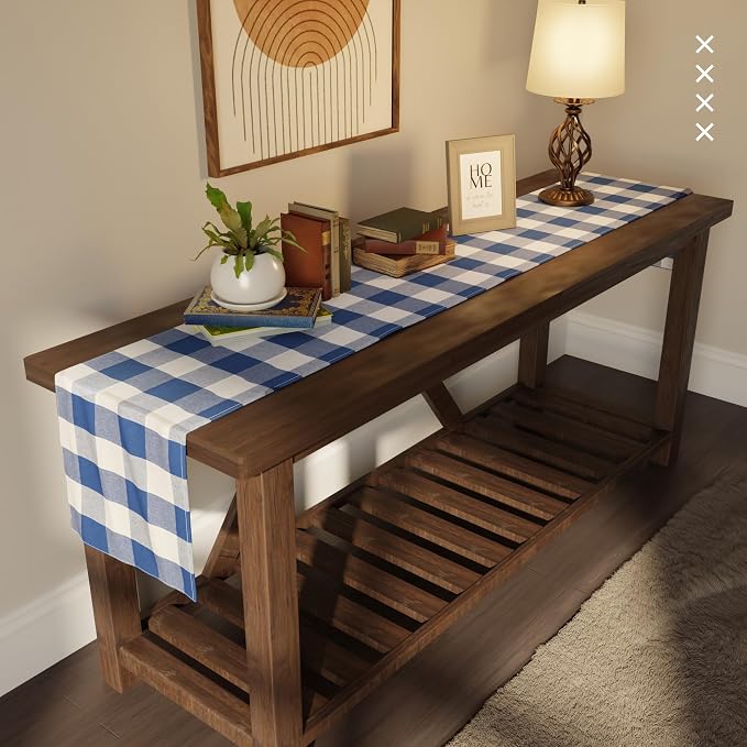 Encasa XO Cotton Dining Table Runner | Buffalo Blue Checks | Size 13x118 in - Machine Washable & Durable