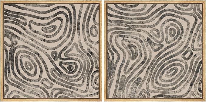 SIGNFORD Framed Canvas Print Wall Art Set Organic Swirl Pattern Duo Modern Black and Gray Abstract Illustrations Modern Art Minimal Relax/Calm for Living Room, Bedroom, Office - 16"x16"x2 Natural