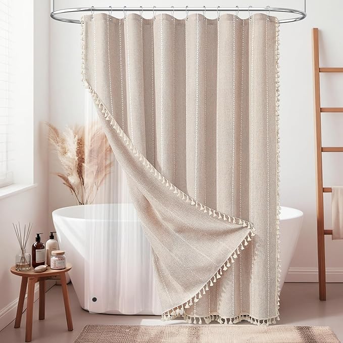 BTTN 3 in 1 Shower Curtain with Liner, 78 Inch Long Boho Linen Striped Cloth Shower Curtain Set with Hook, Farmhouse Bohemian Country Waterproof Fabric Shower Curtain for Bathroom, Tan/Taupe, 72x78