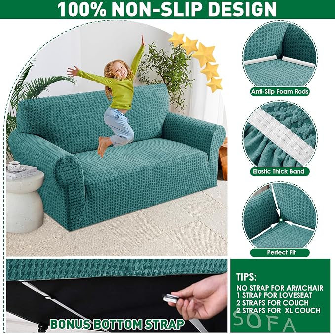 MAXIJIN Stretch Extra Large Couch Cover Sofa Covers (91"-110" Oversized Sofa Slipcovers with Non-Slip Foam & Elastic Strap, Dog Cat Pet Friendly Furniture Protector (X-Large, Peacock Blue)