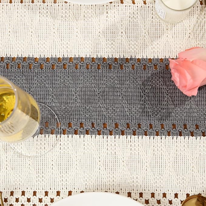 Boho Table Runner with Tassels 48 Inches Long Fringes Grey Soft Cotton Farmhouse Rustic Modern Spring Dining Coffee Small Table Runner for Festival Party Home Christmas Decoration