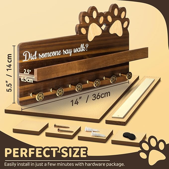 Rebee Vision Dog Leash Holder for Wall with Shelf – Wooden Key Holder Wall Mount with 6 Hooks & Floating Shelf – Cute Farmhouse Home Decor for Entryway, Living Room, Kitchen Decor(Dark Acacia)