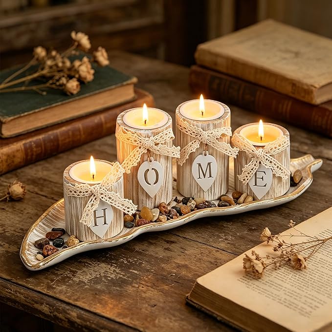 Wooden Candle Holders Centerpieces for Living Room Coffee Table Decorations,Farmhouse Table Decor Tealight Candles Holders with Rustic Tray,Candlesticks for Home Decoration Fireplace Kitchen (Leaf)