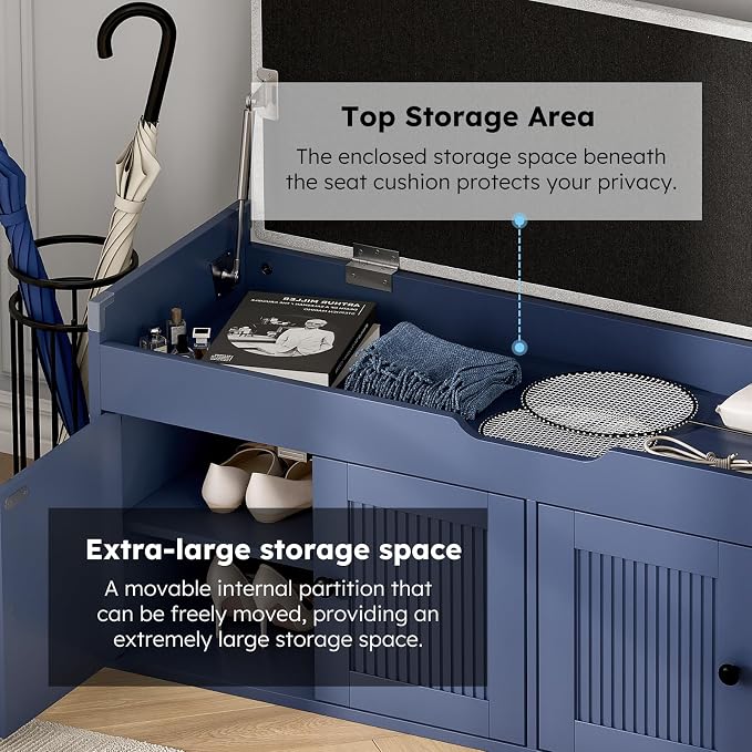 47.2" Storage Bench - Entryway Shoe Bench with 4 Doors and Top Storage Area, Multifunctional Entryway Bench with Lift Top Cushion, Shoe Storage Bench for Bedroom, Living Room, Navy Blue