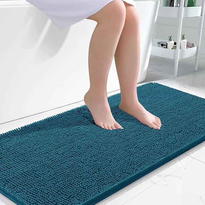 OLANLY Large Bathroom Rugs 50x30, Extra Soft Absorbent Chenille Bath Rugs, Rubber Backing Quick Dry, Machine Washable Bath Mats for Bathroom Floor, Tub and Shower, Home Decor Accessories, Peacock Blue