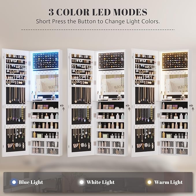 Vlsrka 47.2" LED Jewelry Mirror Cabinet, Wall/Door Mounted Jewelry Armoire Organizer with Full Length Mirror, Large Storage Hanging Cabinet, 4 Drawers, 5 Shelves (White)