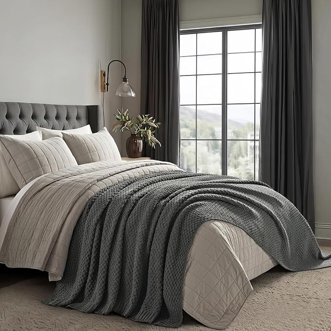EVERGRACEHOME Chunky Chenille Knit Throw Blanket for Couch, Soft Luxurious Oversized Queen Moss Stitch Blanket for Bed, Cozy Farmhouse Knitted Throw for Sofa, Charcoal Gray, 90" x 90"