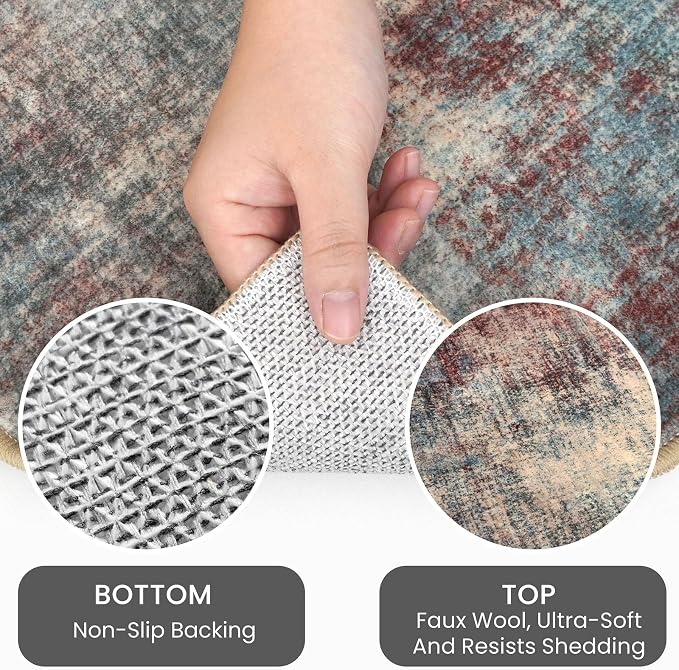 IOHOUZE Abstract Area Rug 4x5 Ft Washable Rugs for Entryway Indoor, Non Slip Small Living Room Rugs Printed Faux Wool Throw Rug, Floor Carpet for Kitchen Nursery Playroom, Red/Multi