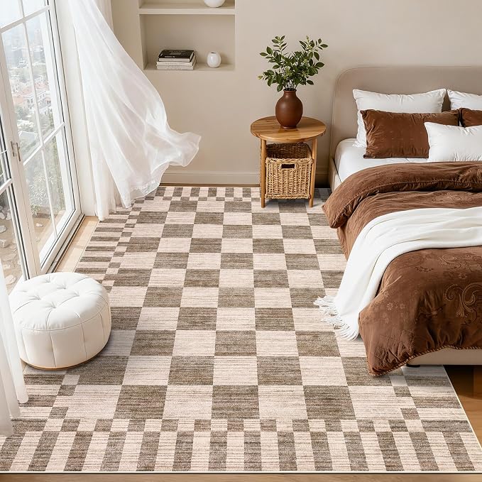 GarveeHome Brown Checkered Rug,Washable 3x5 Rug Geometric Tan Brown Print Non Slip for Entryway,Modern Soft Low-Pile,Neutral Farmhouse Checkerboard Rug,Small Area Rugs for Bedroom Kitchen Dining Room