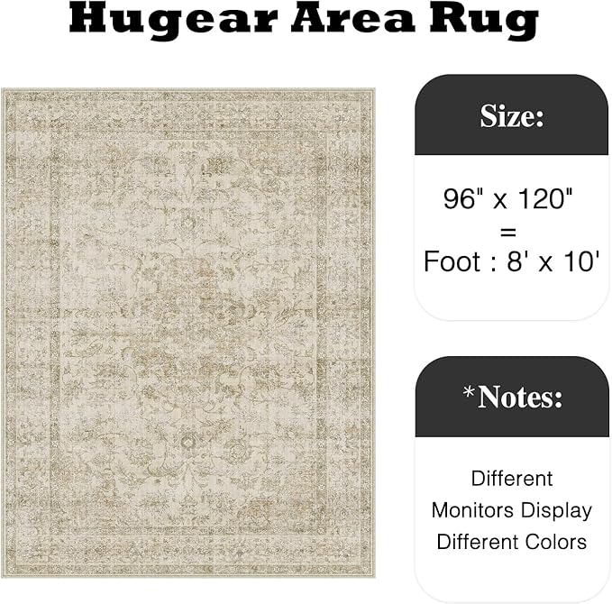 HUGEAR Retro Beige Area Rug 8x10 Machine Washable Living Room Rugs Distressed Vintage Floral Low Pile Carpet Bedroom Office Dining Room Laundry Room Non Slip Soft Lightweight