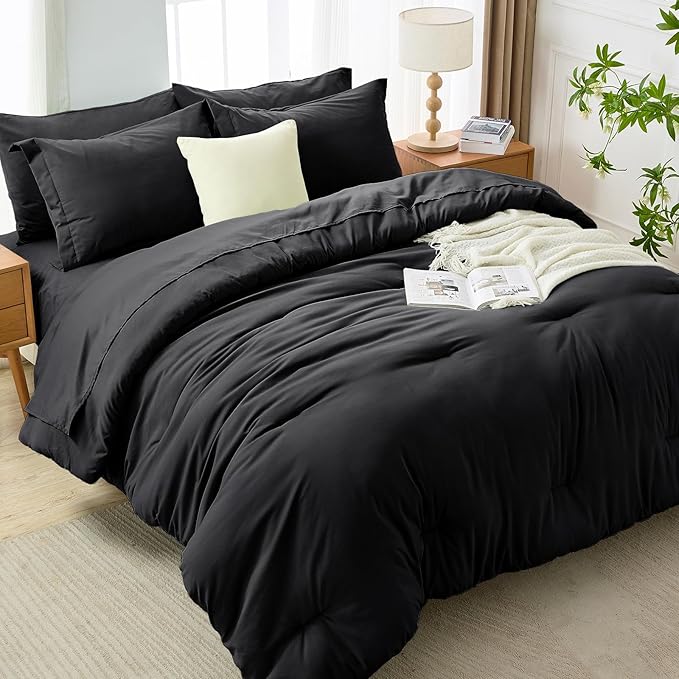 MUXHOMO 7 Pieces Queen Comforter Set, Soft Bed in a Bag Queen Size, All Season Bedding Set with Comforter, Flat Sheet, Fitted Sheet, Pillowcases & Shams, Black