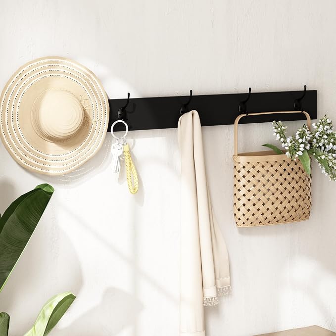 Rattan Narrow Entryway Bench with Shoe Storage, 2 Flip Drawers & Coat Rack, Mid-Century Modern Wood Shoe Cabinet with Seat Cushion for Foyer/Hallway (Black)