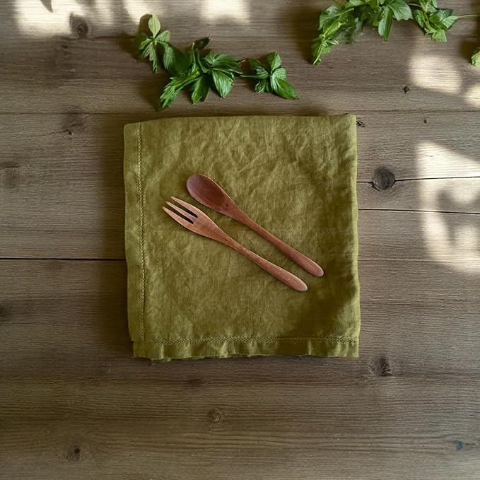 Hemstitched Linen Napkins – 20 Inch x 20 Inch – Stonewashed Pure Linen Cloth Dinner Napkins with Mitered Corners - 100% French Flax – Machine Washable - Set of 4 (Olive Green)