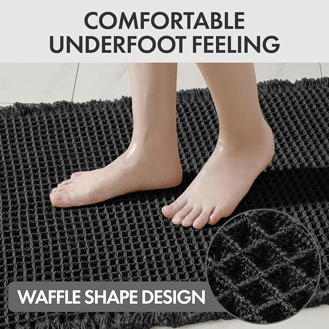 MIULEE Waffle Bathroom Runner Rugs, Super Absorbent Non Slip Bath Rug, Upgraded Soft Quick Dry Washable Boho Long Bath Mat with Tassels for Hallway Laundry Room Bedroom, 2'x4' (24"x48"), Black