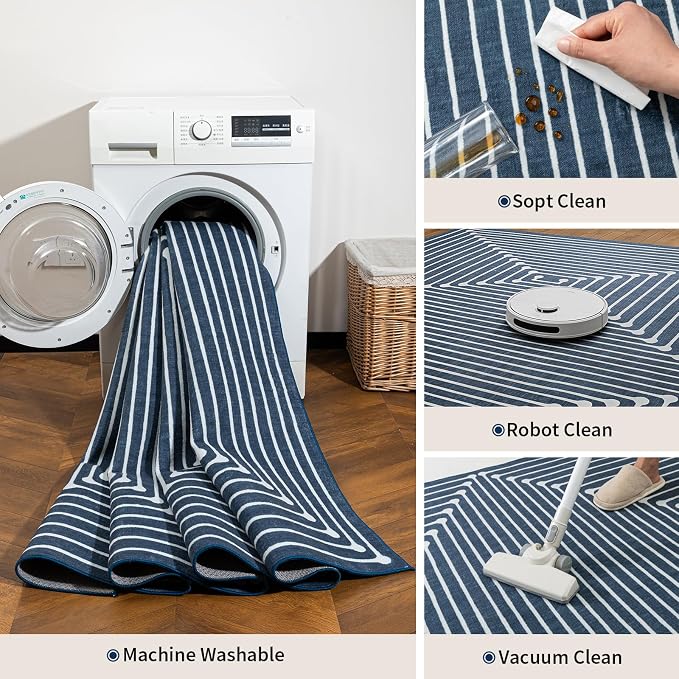 YIHOUSE Midnight Blue 2x5 Kitchen Runner Rug Non Slip, Washable Modern Rug Runners for Entryway Bathroom Non Skid, Striped Carpet Runner for Bedroom Laundry Room Hallway