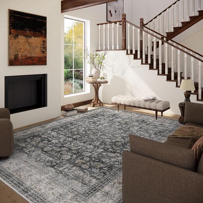 Machine Washable Rugs for Living room: 8x10 bedroom Rug Vintage Boho Area Rug Stain Resistant Non Slip Low Pile Lightweight Soft Carpets for Living room Dining Room Kitchen Nursery Kids Room Farmhouse