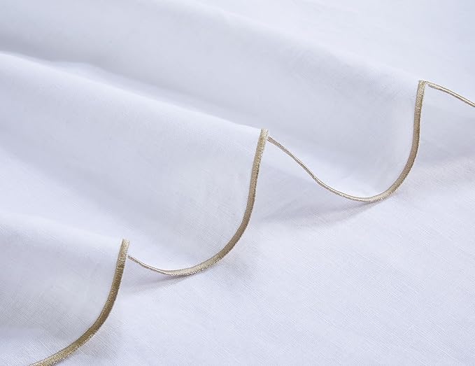 100% Pure Linen Scalloped Embroidery Rectangle Tablecloths 84Lx60W Inch for Dinners, Parties, Spring, Easter, Machine Washable, 6-8 Sets, 60''x84'', White(Edges-Gold)