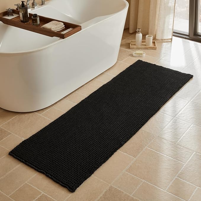 Triohero Waffle Runner Bath Mat - Long Bathroom Rugs Non Slip Washable, Ultra Soft Super Absorbent Quick Dry Boho Farmhouse Bathroom Decor, 24" x 72", Black