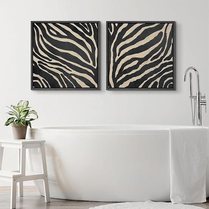 SIGNFORD Framed Canvas Print Wall Art Set Zebra Pattern Artwork, Black and Cream Animal Stripe Illustrations Modern Art Minimal Relax/Calm for Living Room, Bedroom, Office - 16"x16"x2 BLACK