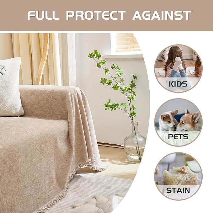 MEETSKY Couch Cover L Shape Sofa Cover for 3 Cushion Couch, Cover Protector Sofa Throw Cover for Couches Washable Soft Chenille Blend Modern Decorative for Living Room, 71" x 134", Khaki